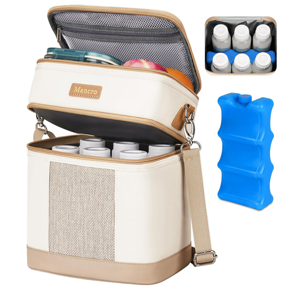 Mancro breastmilk cooler bag open design showing space for six bottles and snacks