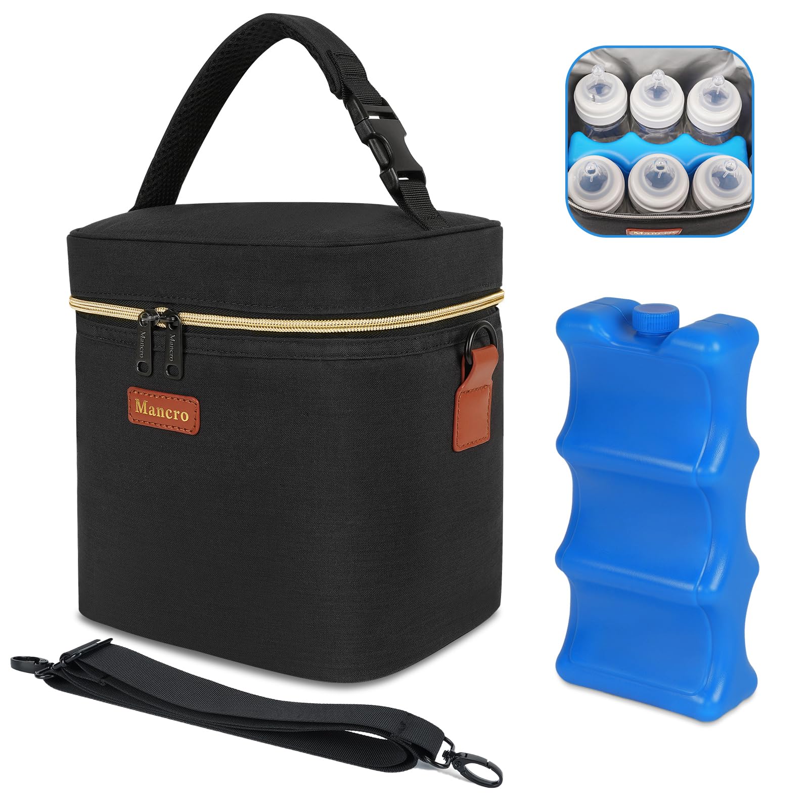 Mancro breastmilk cooler bag top view showing six-bottle capacity for daycare commutes