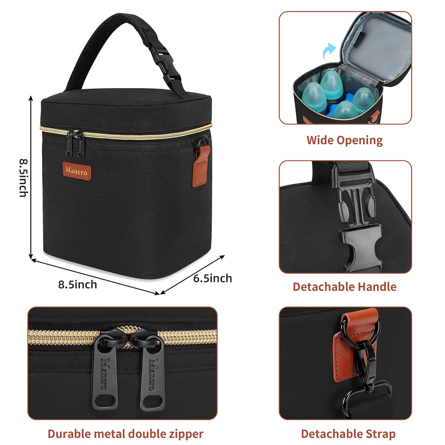 Mancro cooler bag showing ice packs and insulation for temperature control