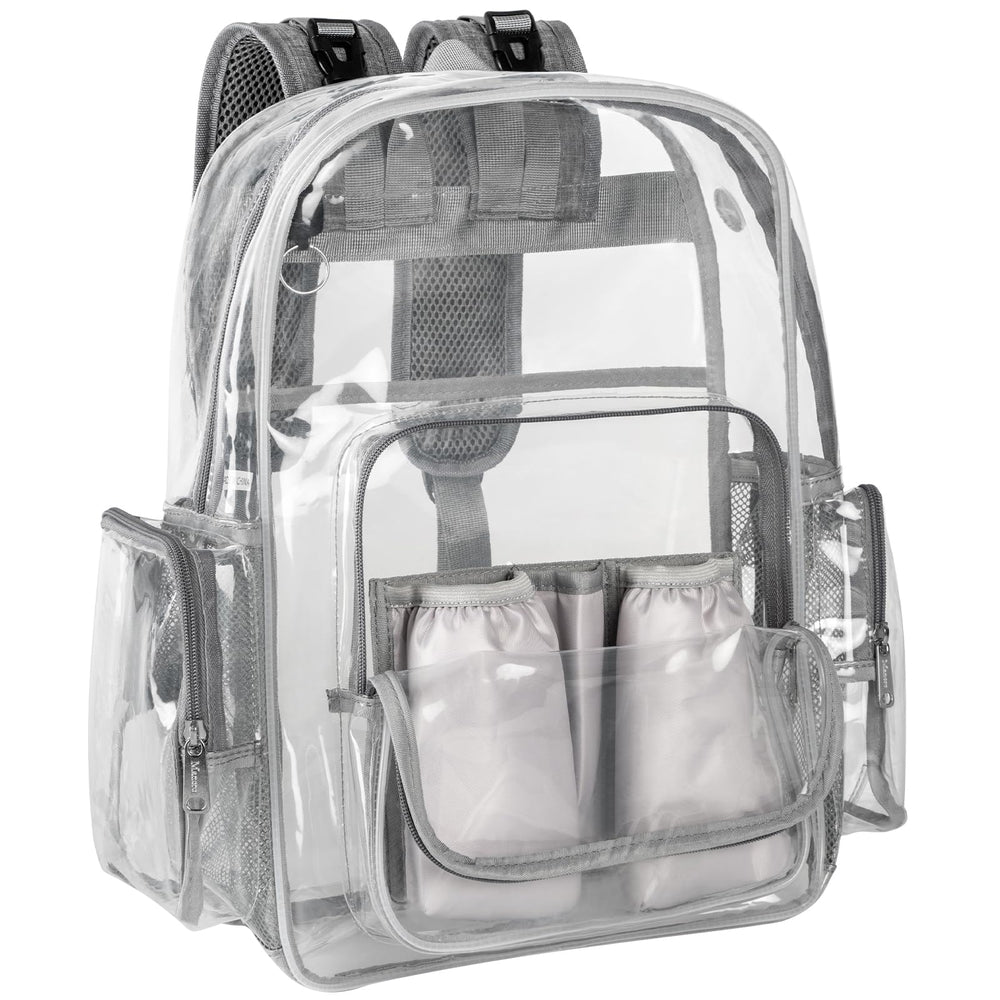 Mancro clear diaper bag backpack seen from the front, perfect for quick security checks and easy access.