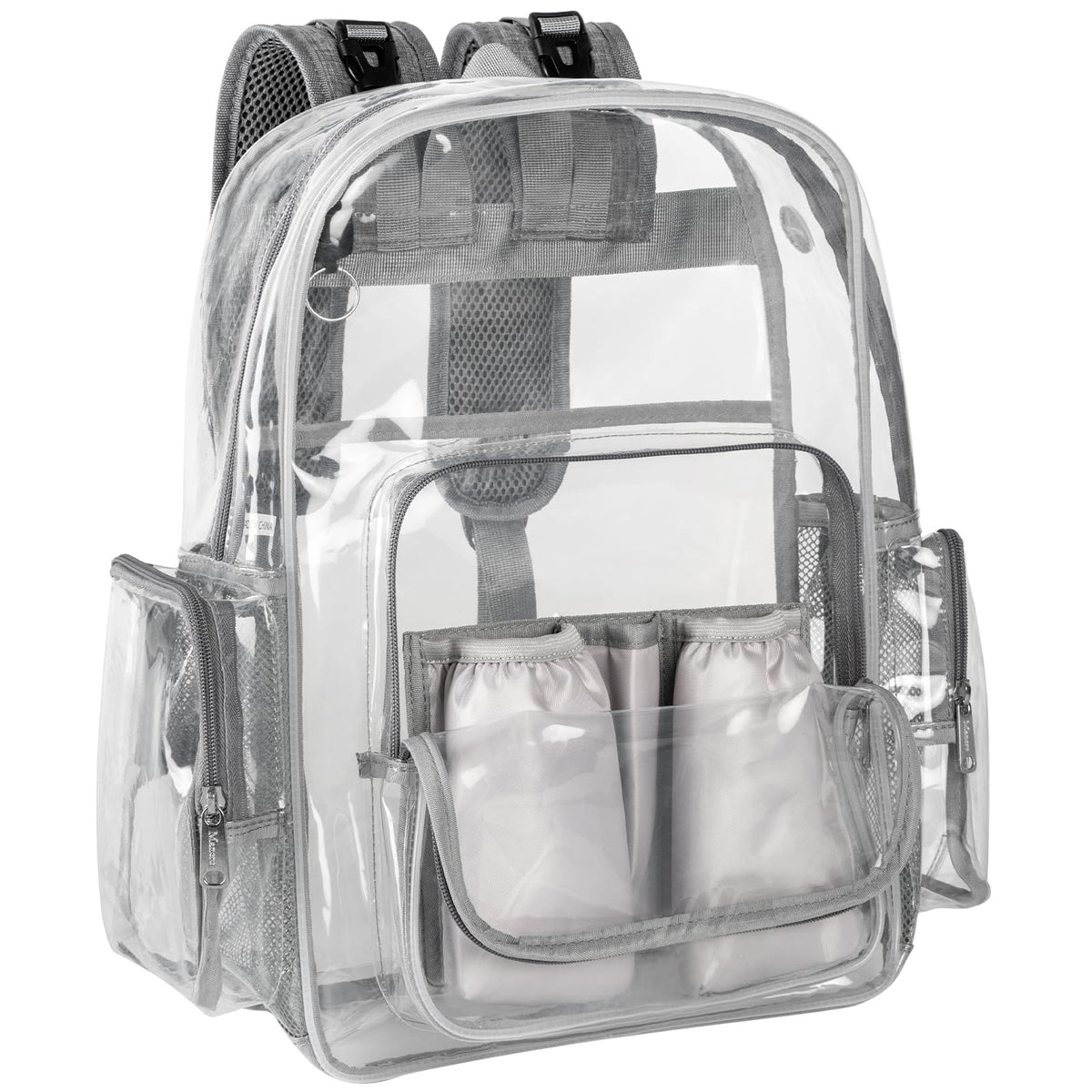 Mancro clear diaper bag backpack seen from the front, perfect for quick security checks and easy access.