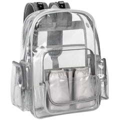 Mancro clear diaper bag backpack seen from the front, perfect for quick security checks and easy access.