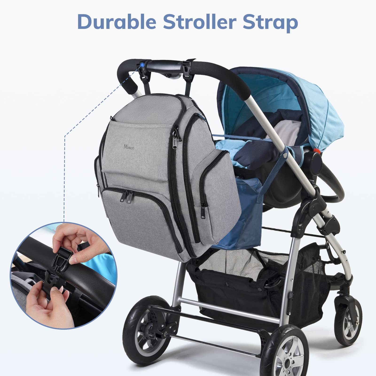 Mancro heavy-duty zippers secure valuables during busy outings and baby care