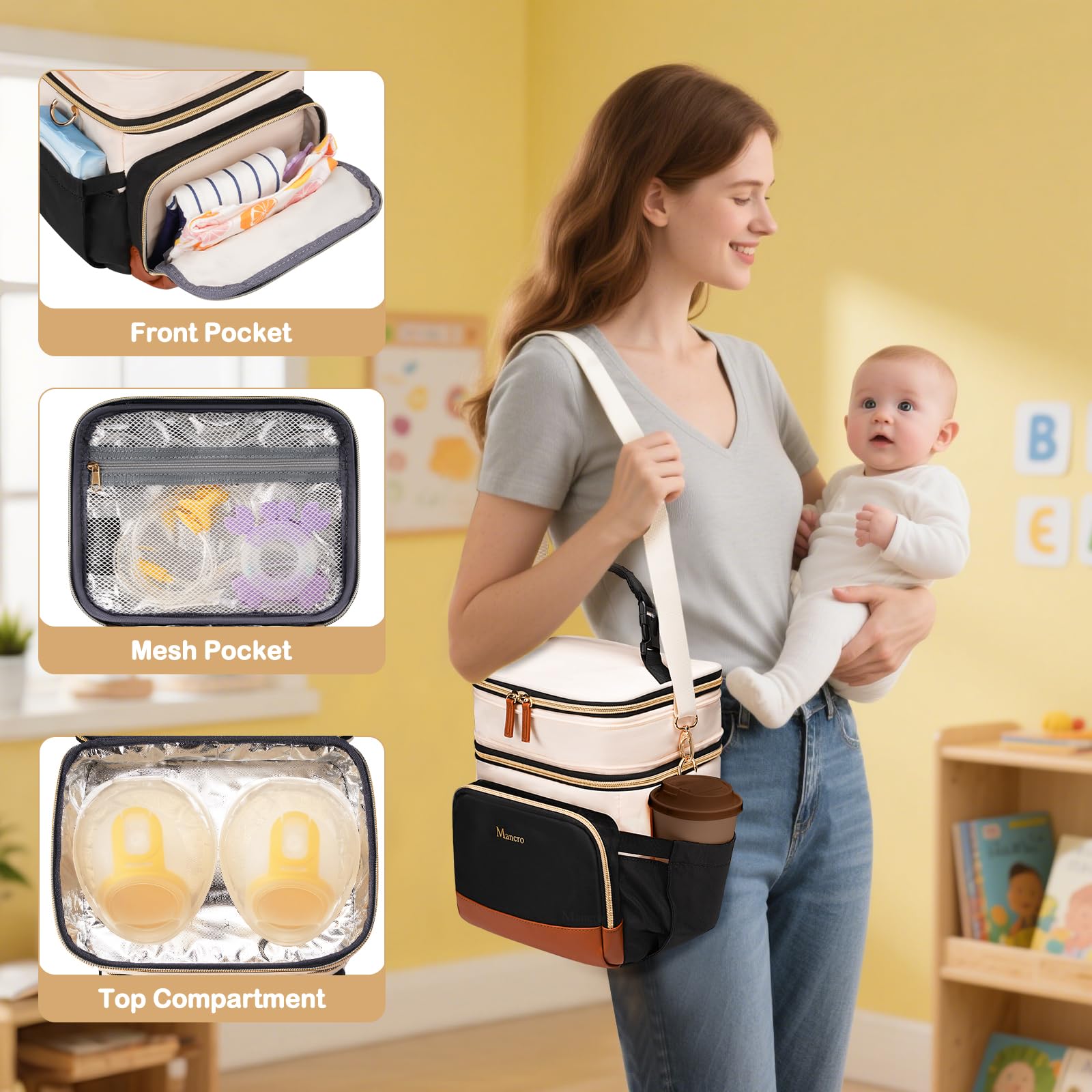 Mancro expandable breast milk cooler bag with shoulder strap for hands-free carry
