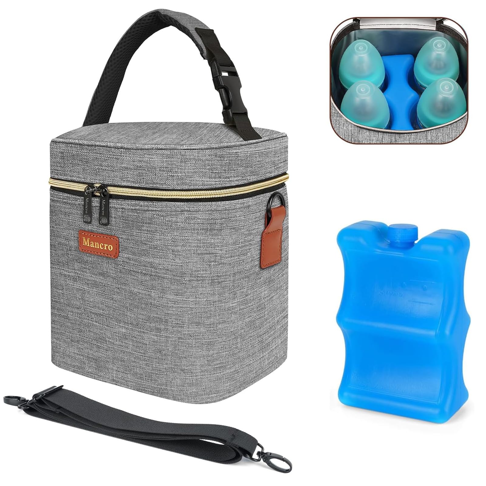 Mancro insulated breastmilk cooler bag shows four 9 oz bottles for on-the-go feeding
