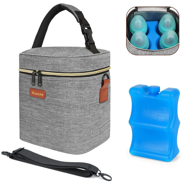 Mancro insulated breastmilk cooler bag shows four 9 oz bottles for on-the-go feeding