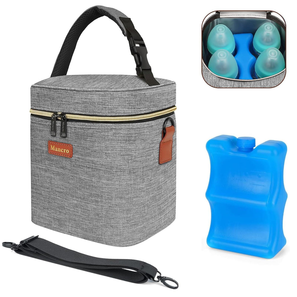 Mancro insulated breastmilk cooler bag shows four 9 oz bottles for on-the-go feeding