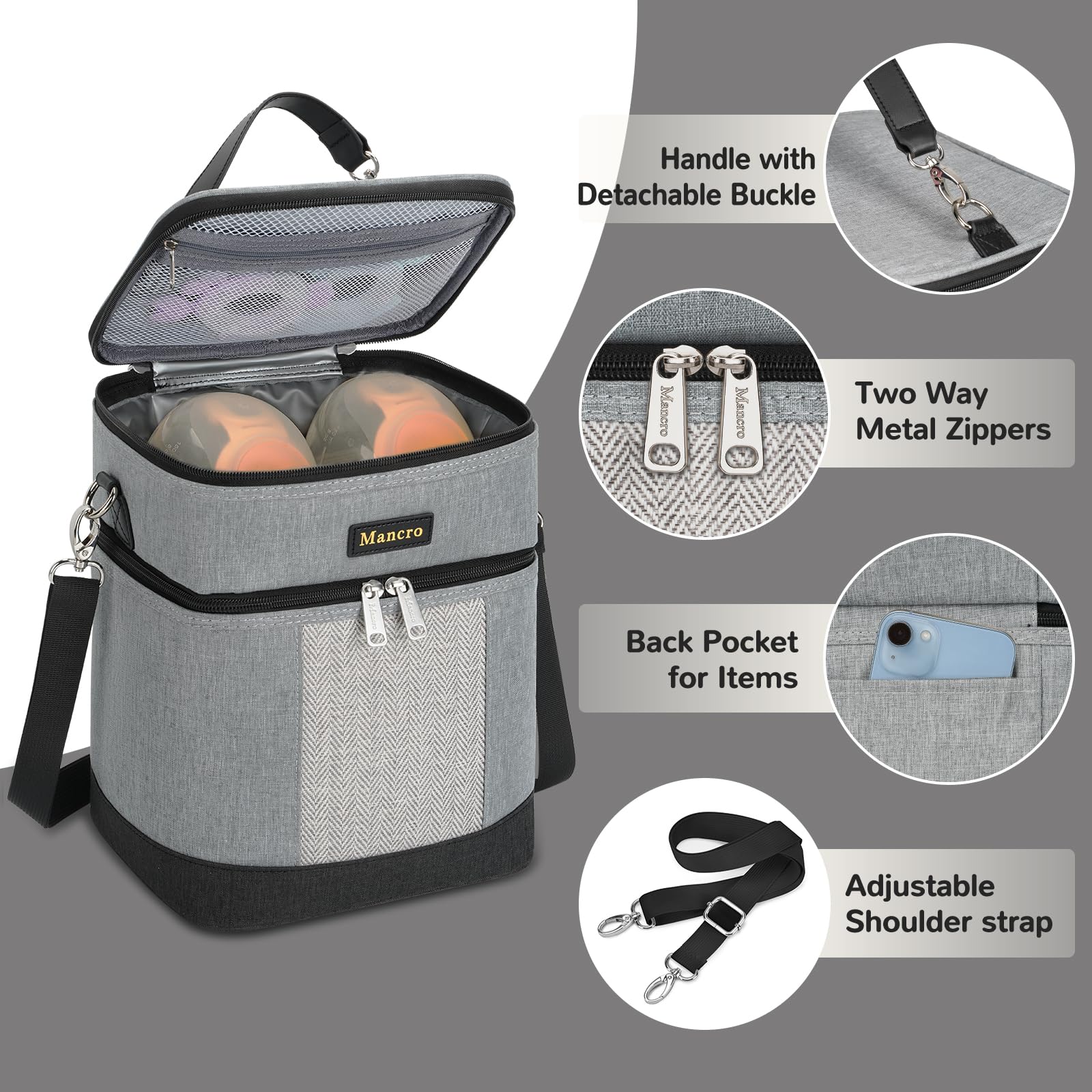Mancro back pocket and adjustable strap support hands-free transport.