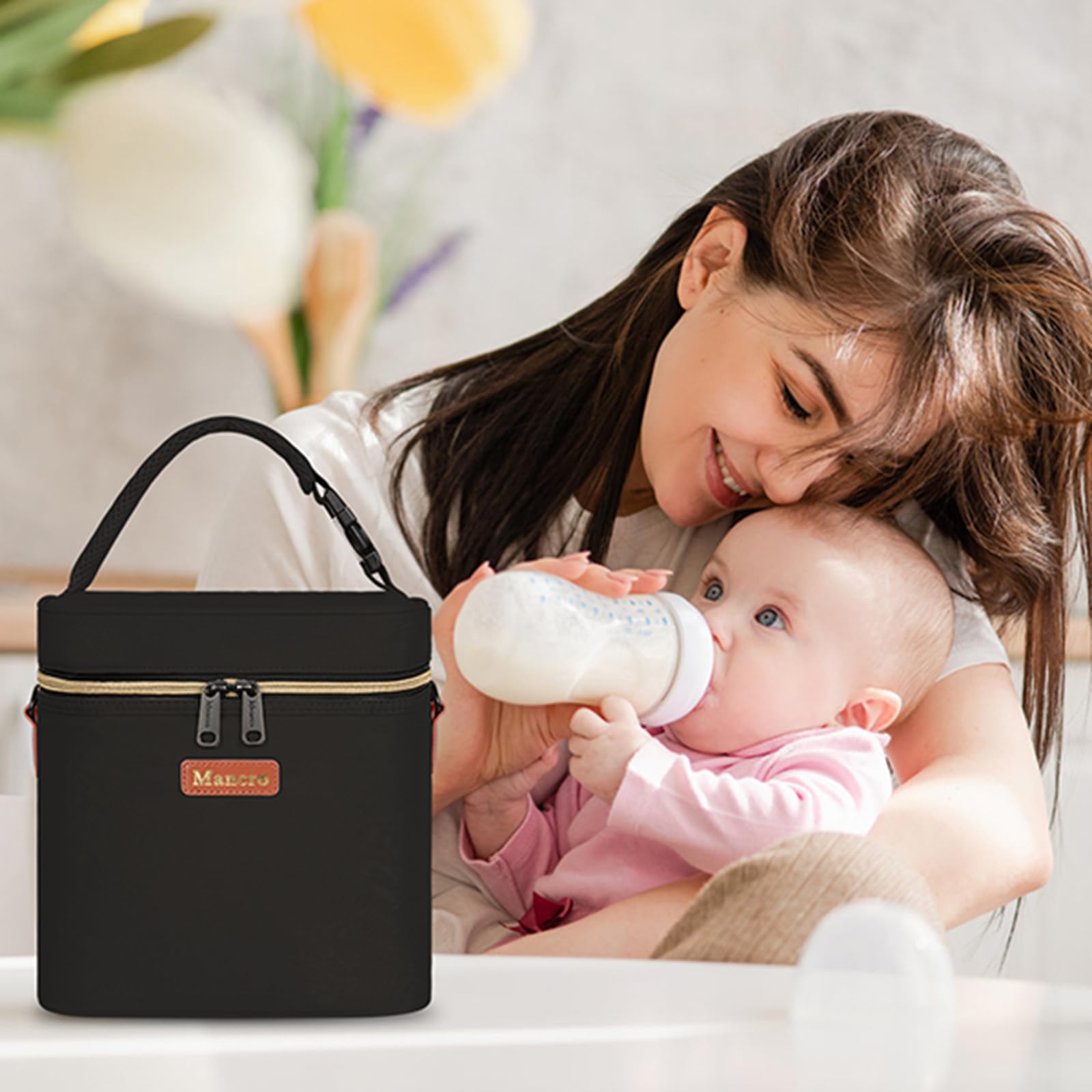 Mancro sleek black breastmilk cooler bag design for daycare or travel