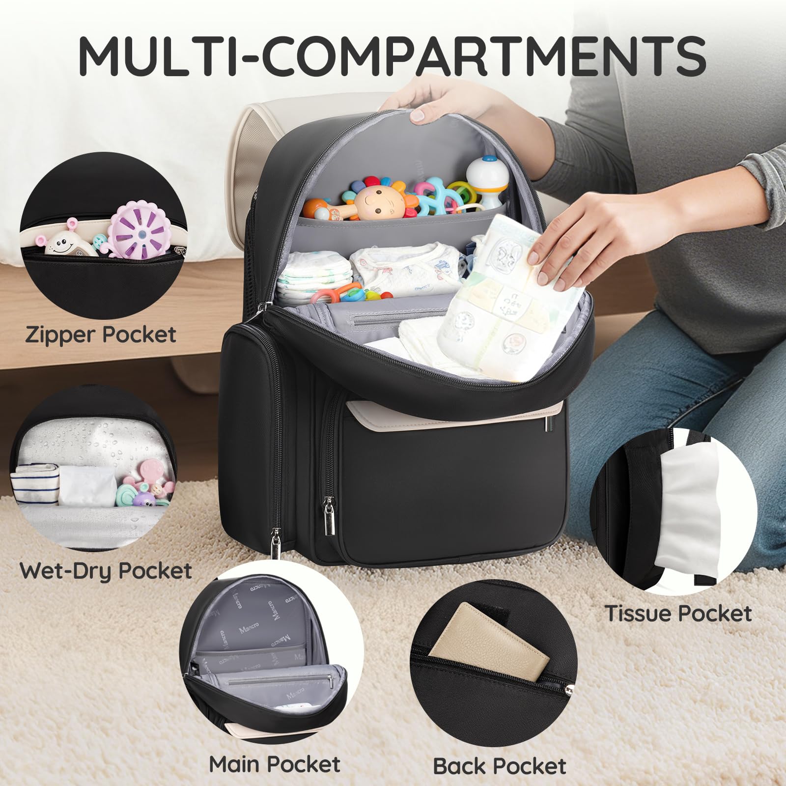 Mancro's 10-pocket layout keeps baby items neatly organized for quick retrieval.