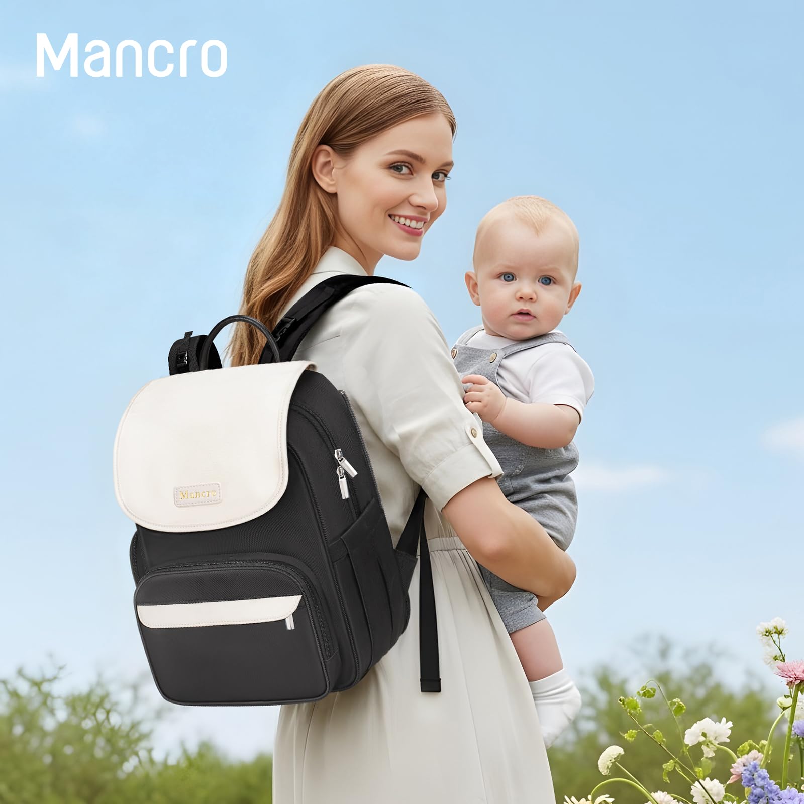 Mancro diaper bag featuring insulated bottle pocket for on-the-go feeds.