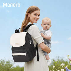 Mancro diaper bag featuring insulated bottle pocket for on-the-go feeds.