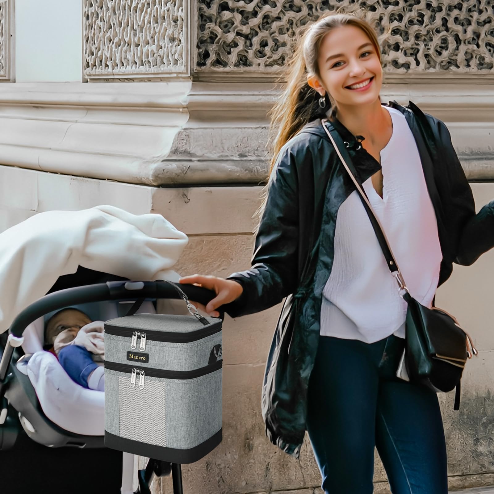 Mancro stroller attachment option keeps bag within reach.