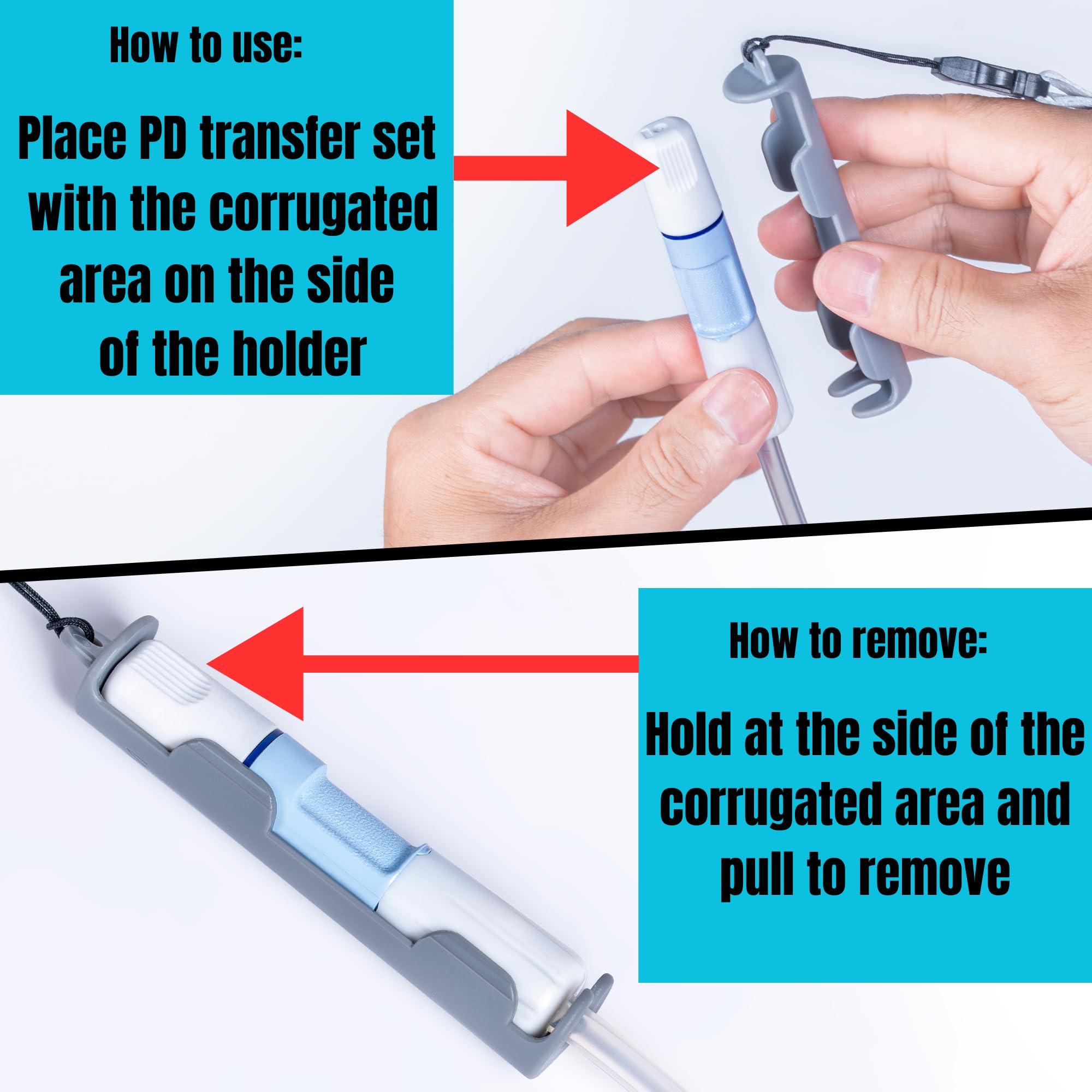 MandMcares transfer-set holder clipped to clothing for discreet access