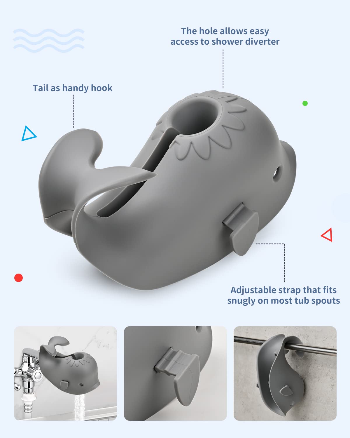 Mandoo adjustable spout cover securely fits diverse tub shapes.