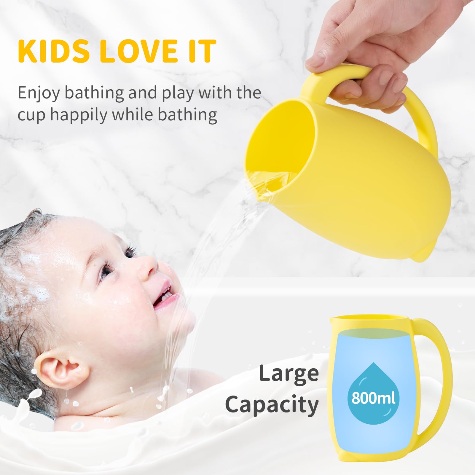 Mandoo soft silicone bath rinse cup with easy-grip handle for secure pouring.