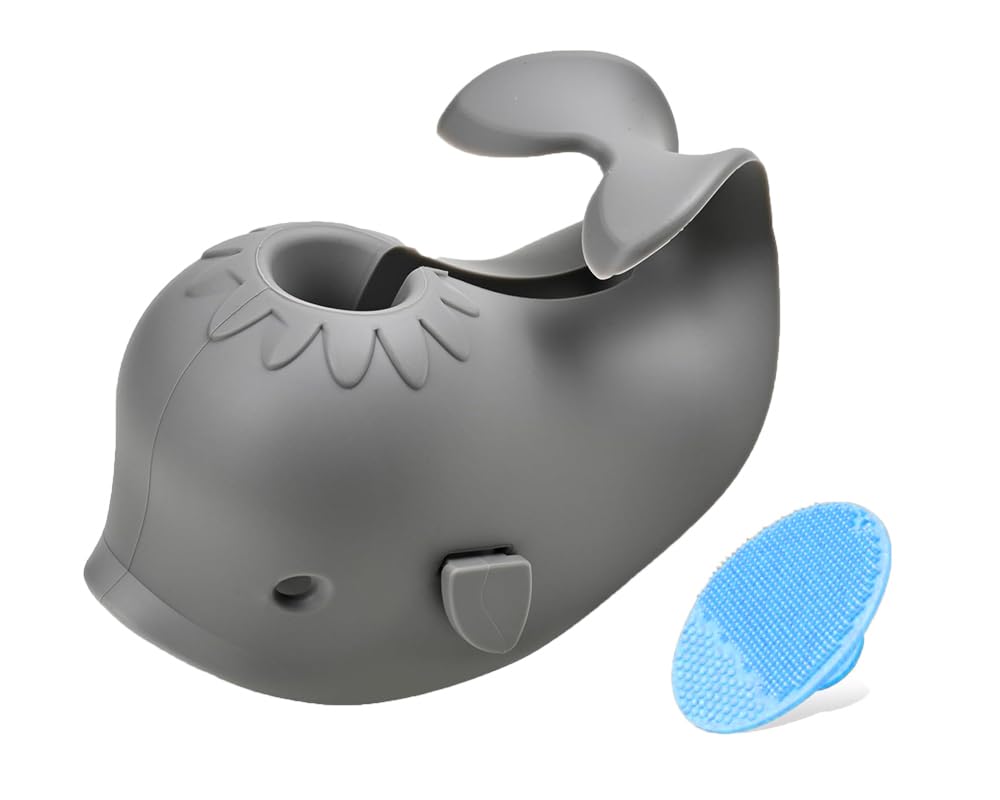 Mandoo whale spout cover fits most faucets, reducing bump risk during baths.