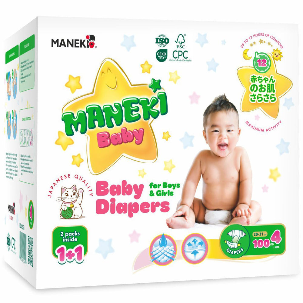 MANEKI Baby Diapers Size 4 with ultra-thin core for fast moisture lock.