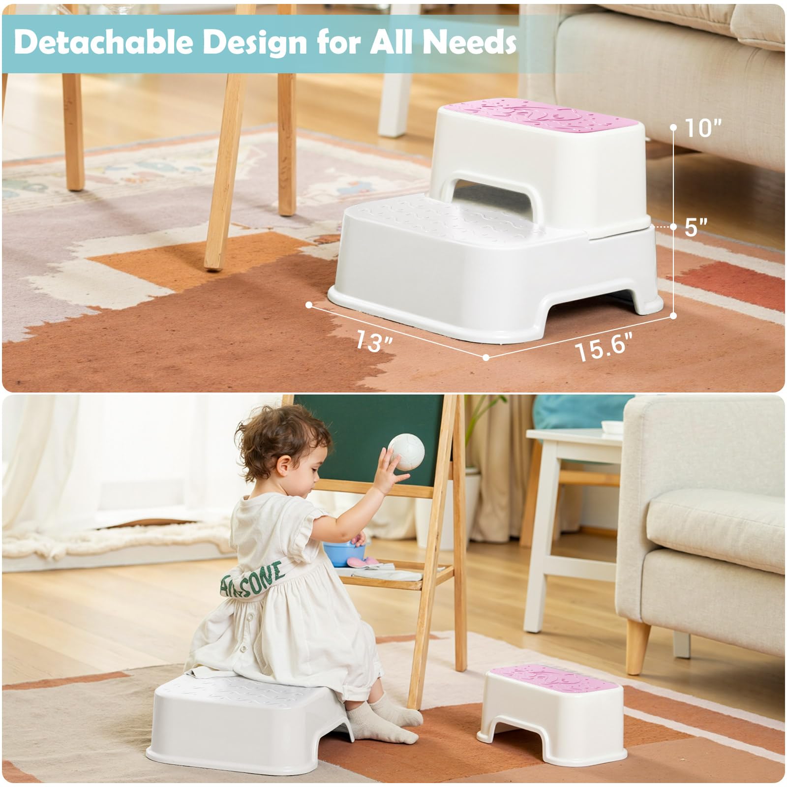 Mangohood 2-step stool pink in bathroom for potty training.