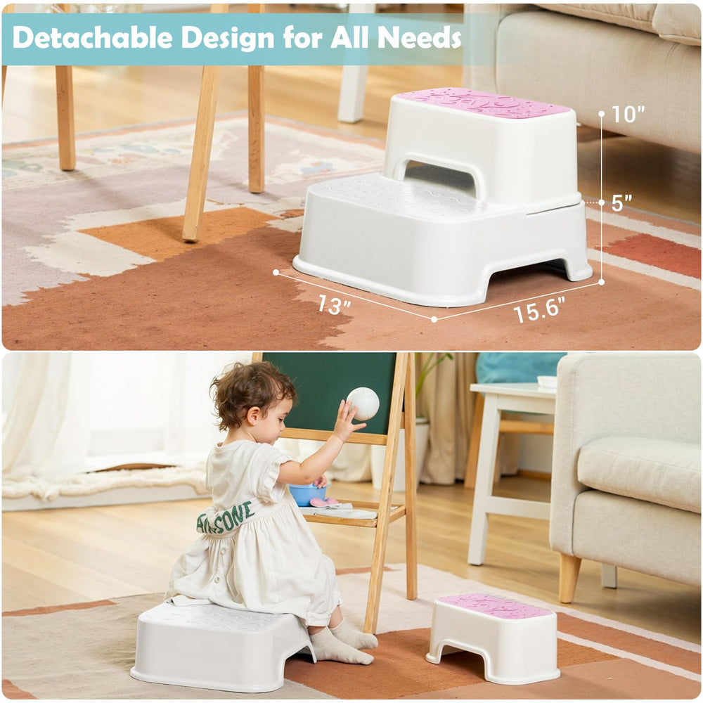 Mangohood 2-step stool pink in bathroom for potty training.