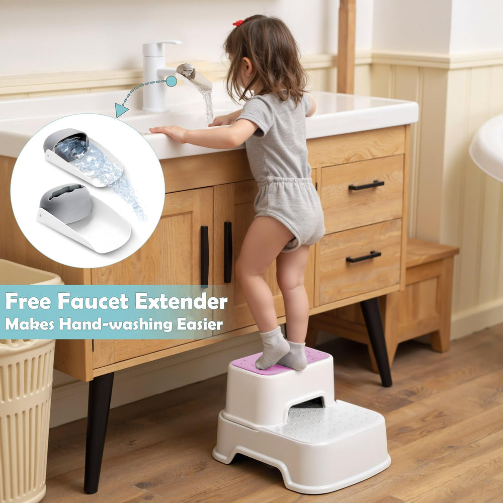 Mangohood 2-step stool pink in kitchen for kid tasks.