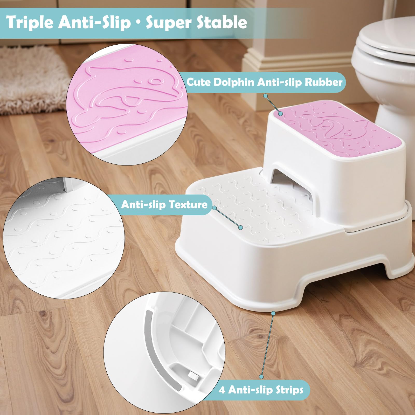 Mangohood 2-step stool pink non-slip detail for safety.