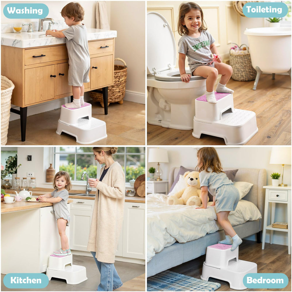 Mangohood 2-step stool pink side view showing stability.