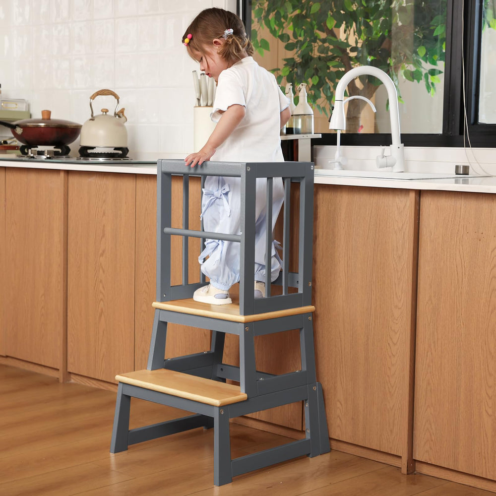 Mangohood kids kitchen step stool with anti-tip foot enables stable climbing.