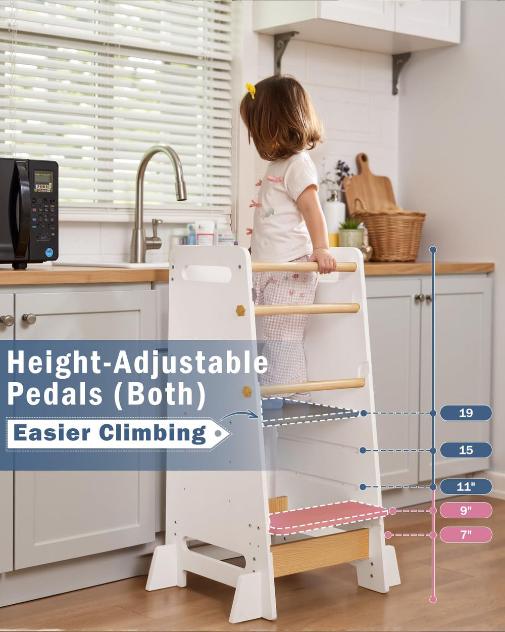 Mangohood Toddler Learning Standing Tower four anti-tip feet boost stability.