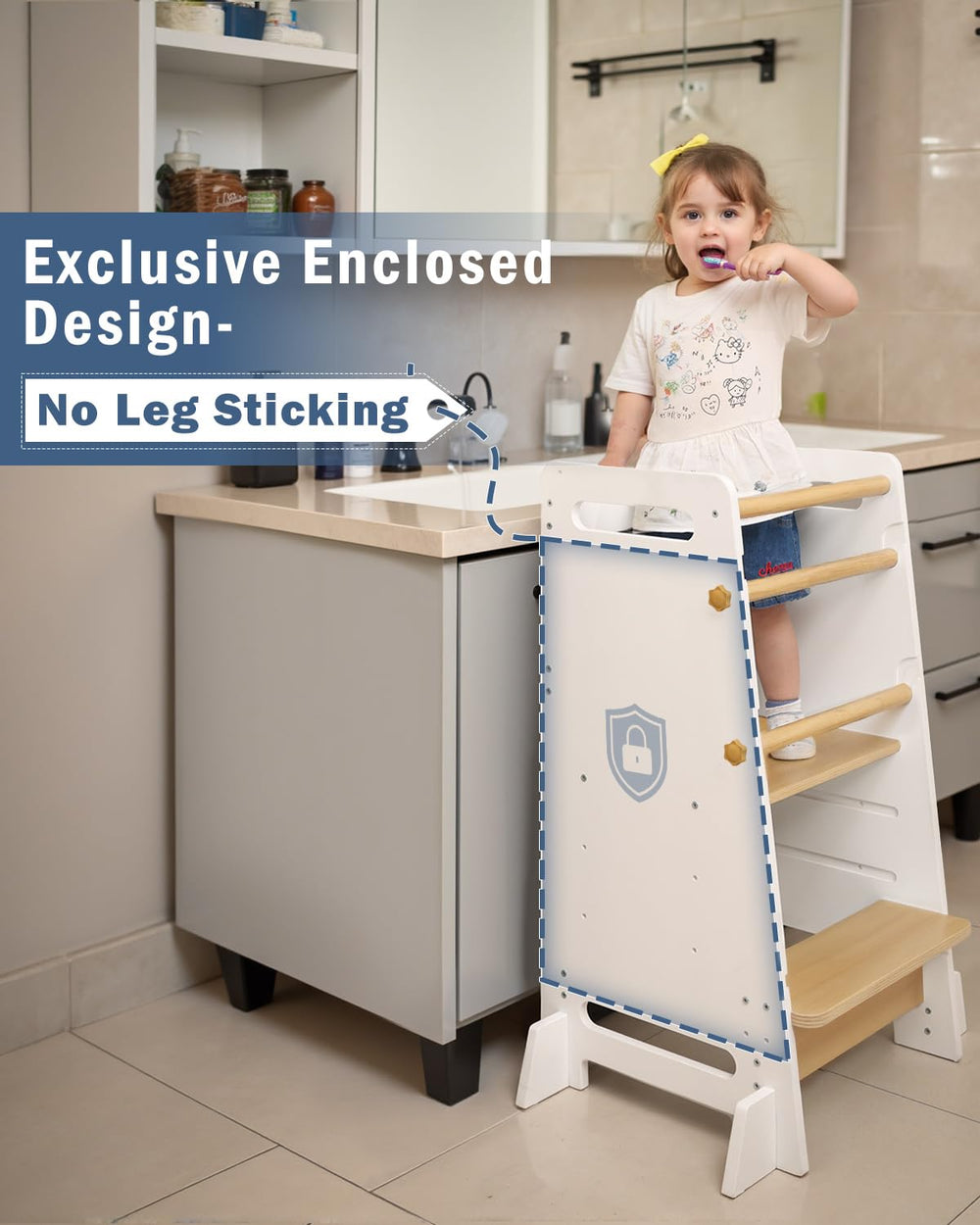 Mangohood Toddler Learning Standing Tower enclosed design prevents leg entrapment during use.