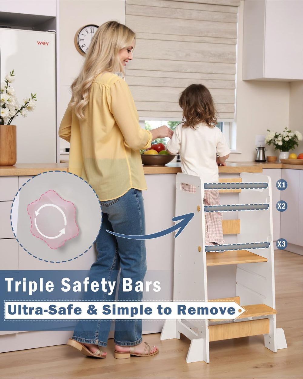 Mangohood Toddler Learning Standing Tower triple safety bars enable quick, secure setup.
