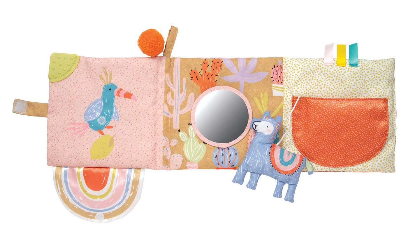 Manhattan Toy Llama Soft Baby Activity Book baby-mirror encourages self-awareness through reflection.