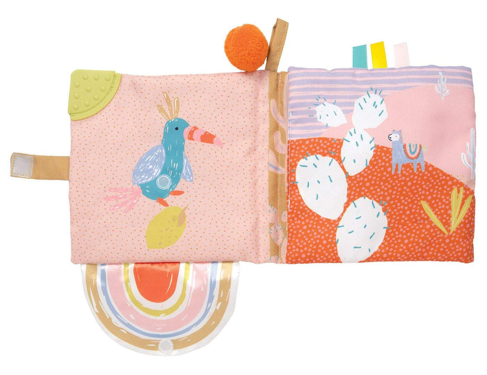 Manhattan Toy Llama Soft Baby Activity Book tactile-panel textures invite curious fingers to explore.