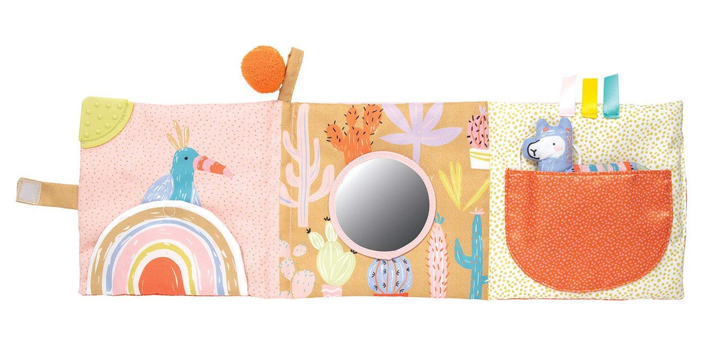 Manhattan Toy Llama Soft Baby Activity Book teether-corner offers soothing relief for gums.