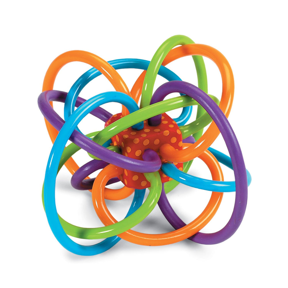 Manhattan Toy Winkel rattle and teether in blue-green-orange for sensory exploration and easy grasp.
