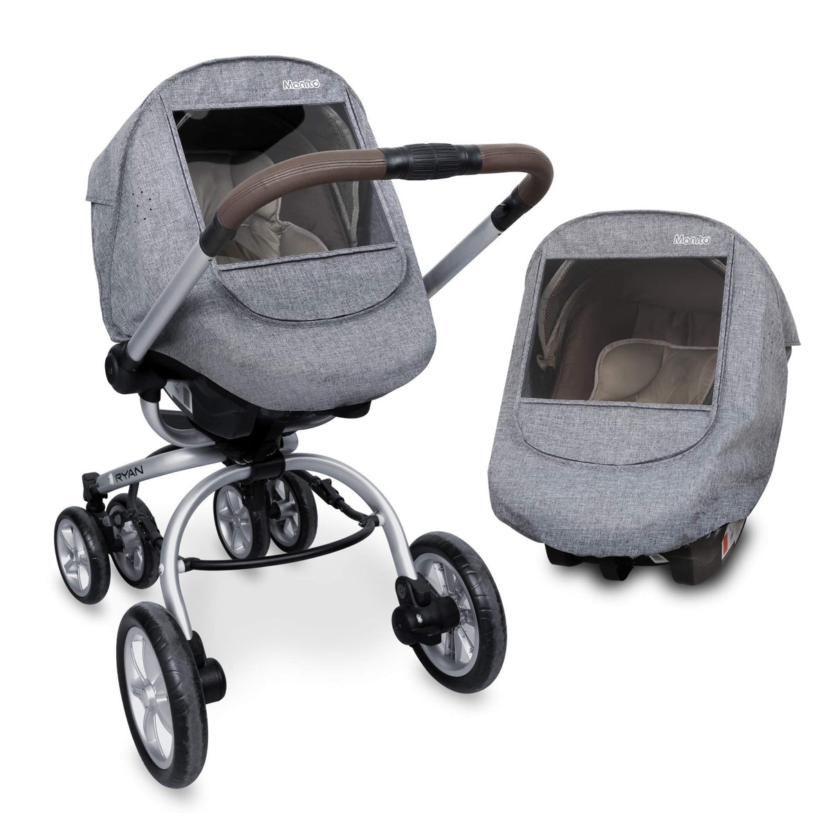 Manito Melange weather shield with universal fit and clear window for easy baby visibility
