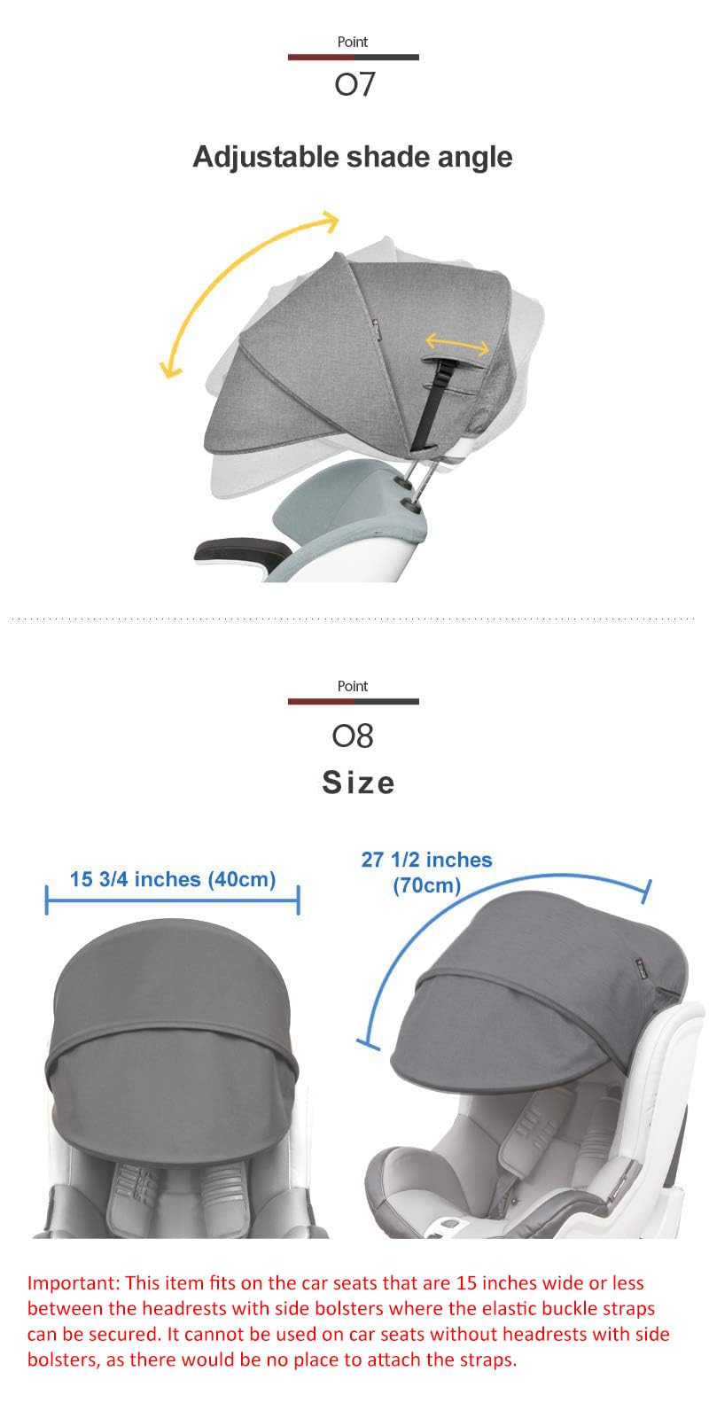Manito Sun Shade Extender in use with a booster seat securely attached