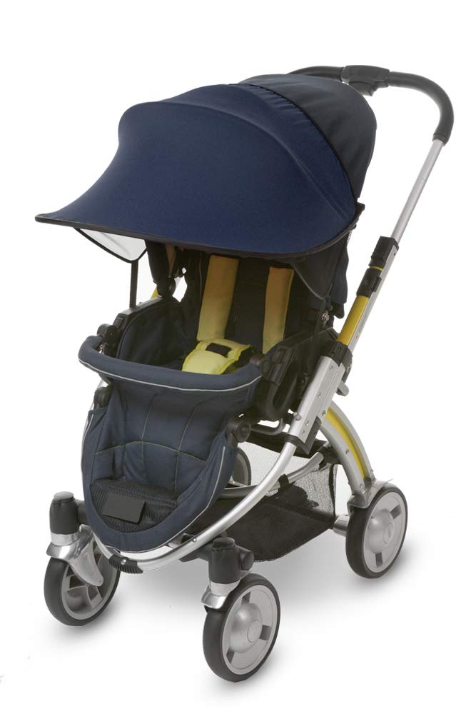 Manito Sun Shade Navy attached to stroller with UV protection and easy fit.