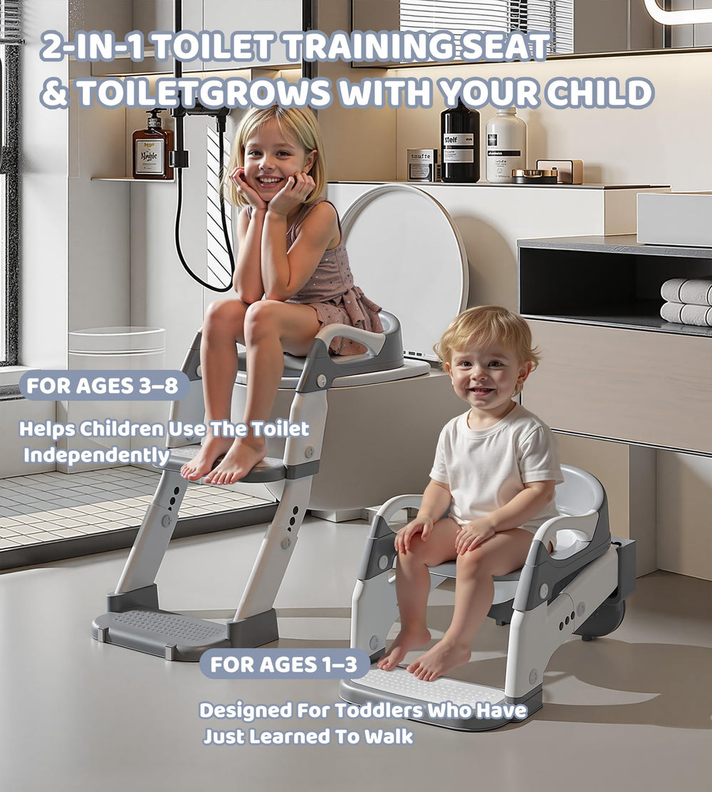MantisFist potty chair with step stool highlights height adjustment for growing toddlers.