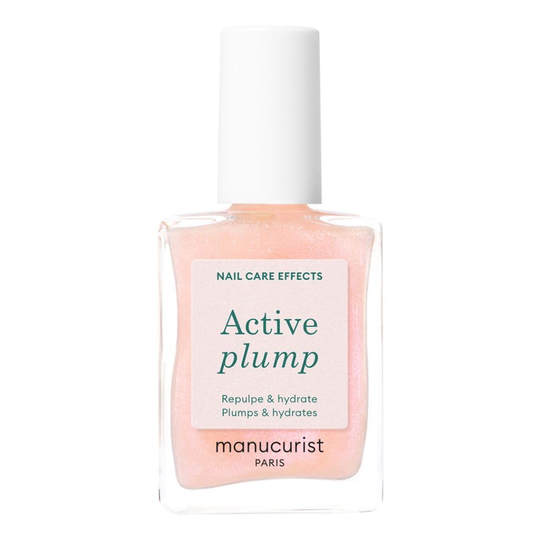 Manucurist Active Plump bottle with pearlescent baby rose finish for hydration.