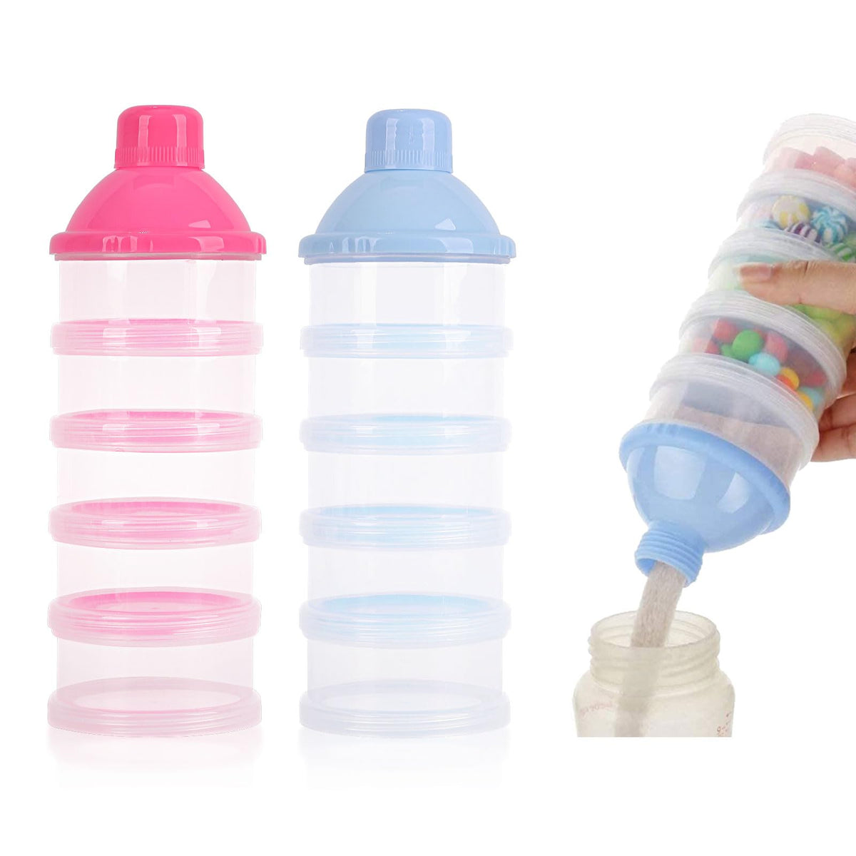 Manwetye 5-layer milk powder dispenser blue-pink set, portable for travel.