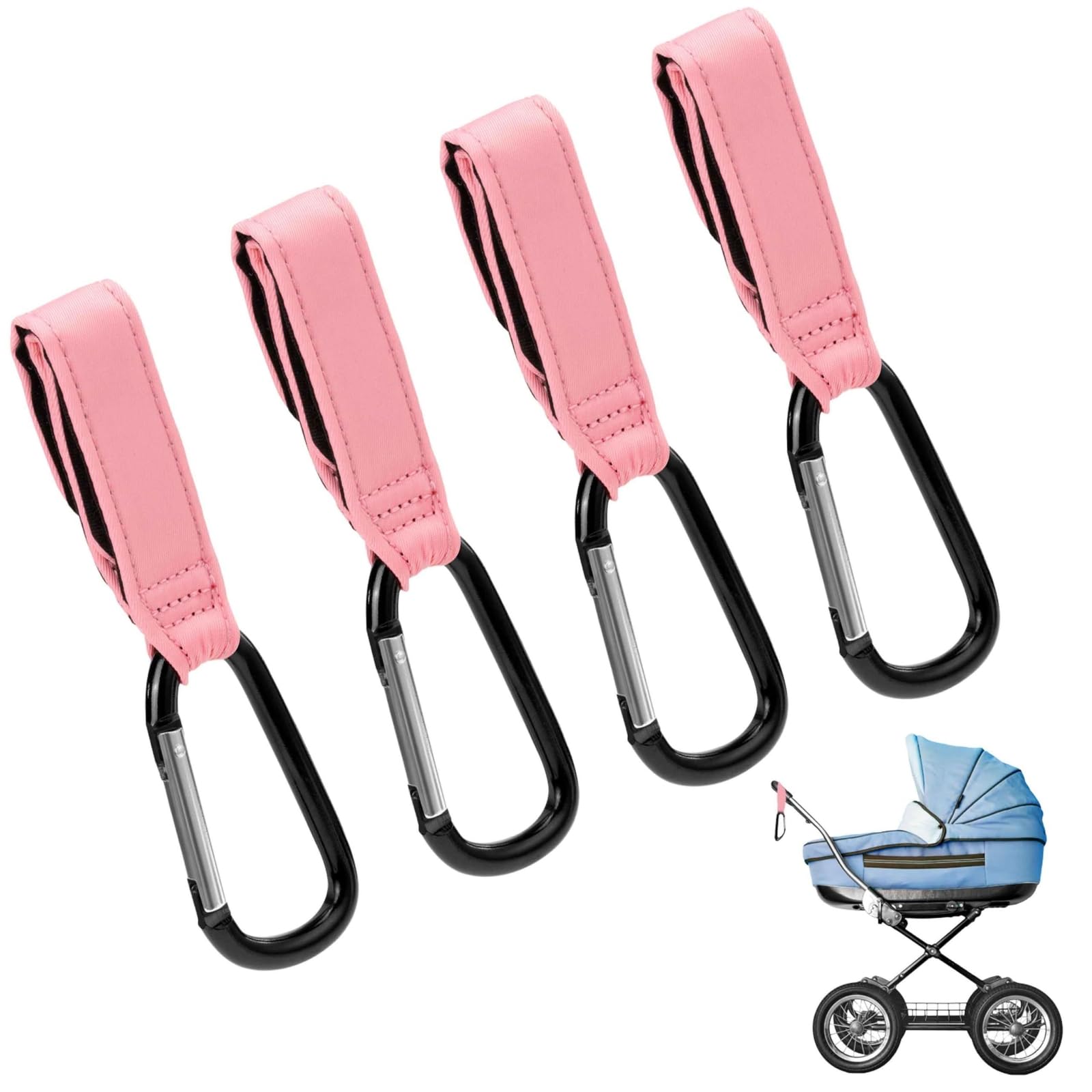 Maplefield pink carabiner clip attached to stroller for easy access on the go.