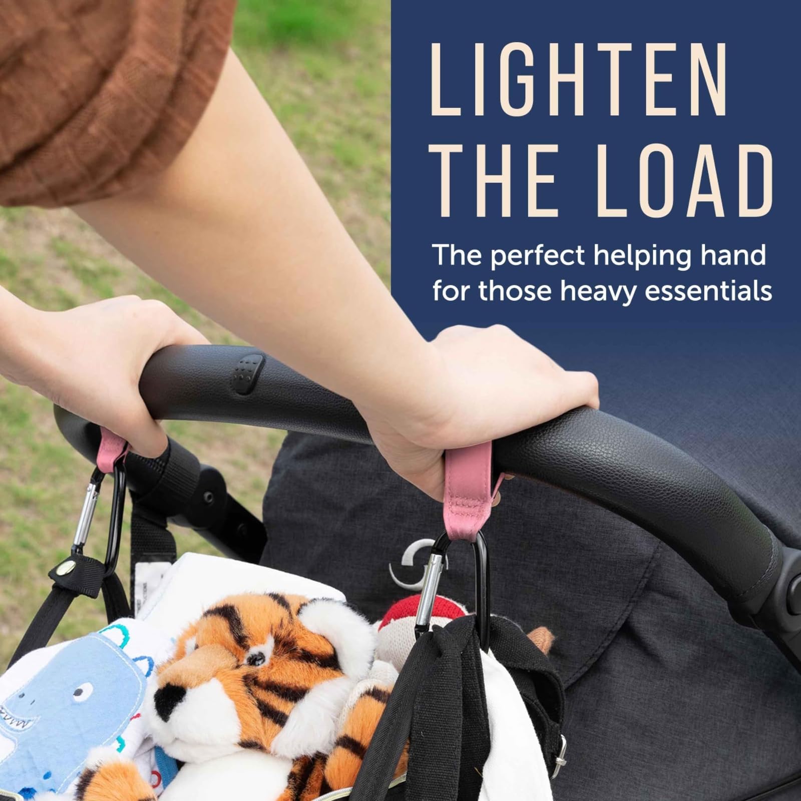 Sturdy Maplefield carabiner clip supports heavier bags on various strollers.