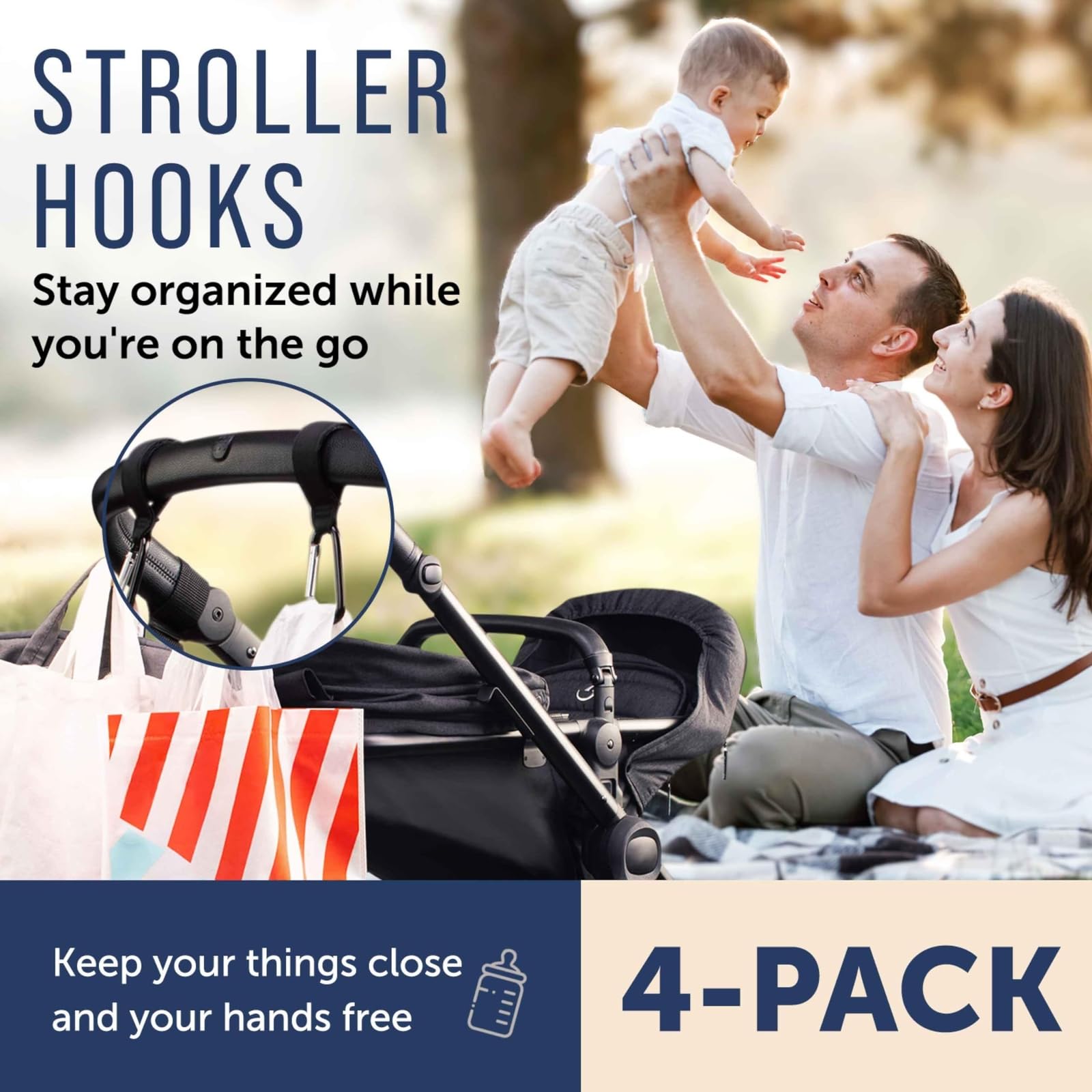 Maplefield universal bag clip for stroller organizers keeps essentials within reach.