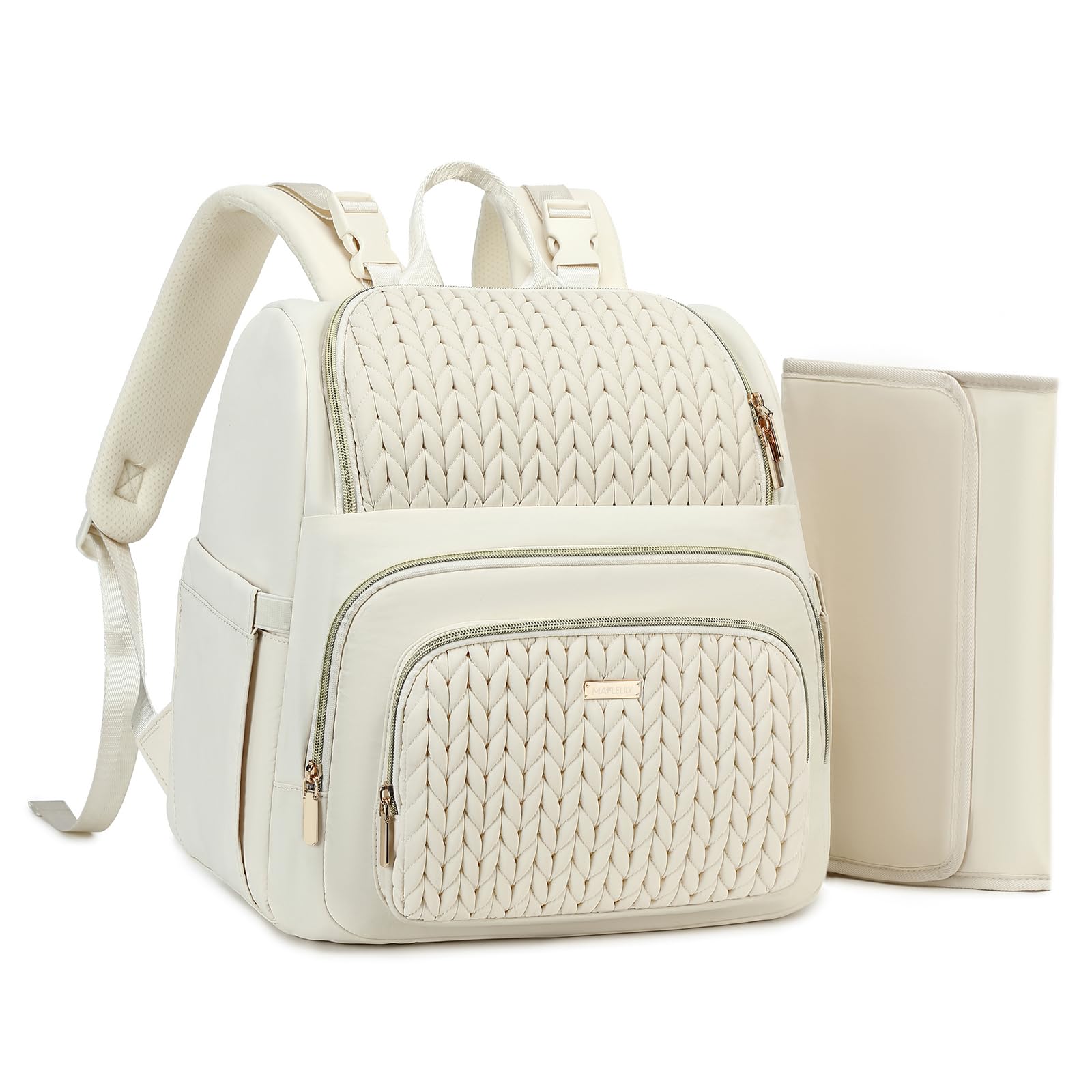 MAPLELILY diaper bag backpack beige front view, a stylish travel companion for parents