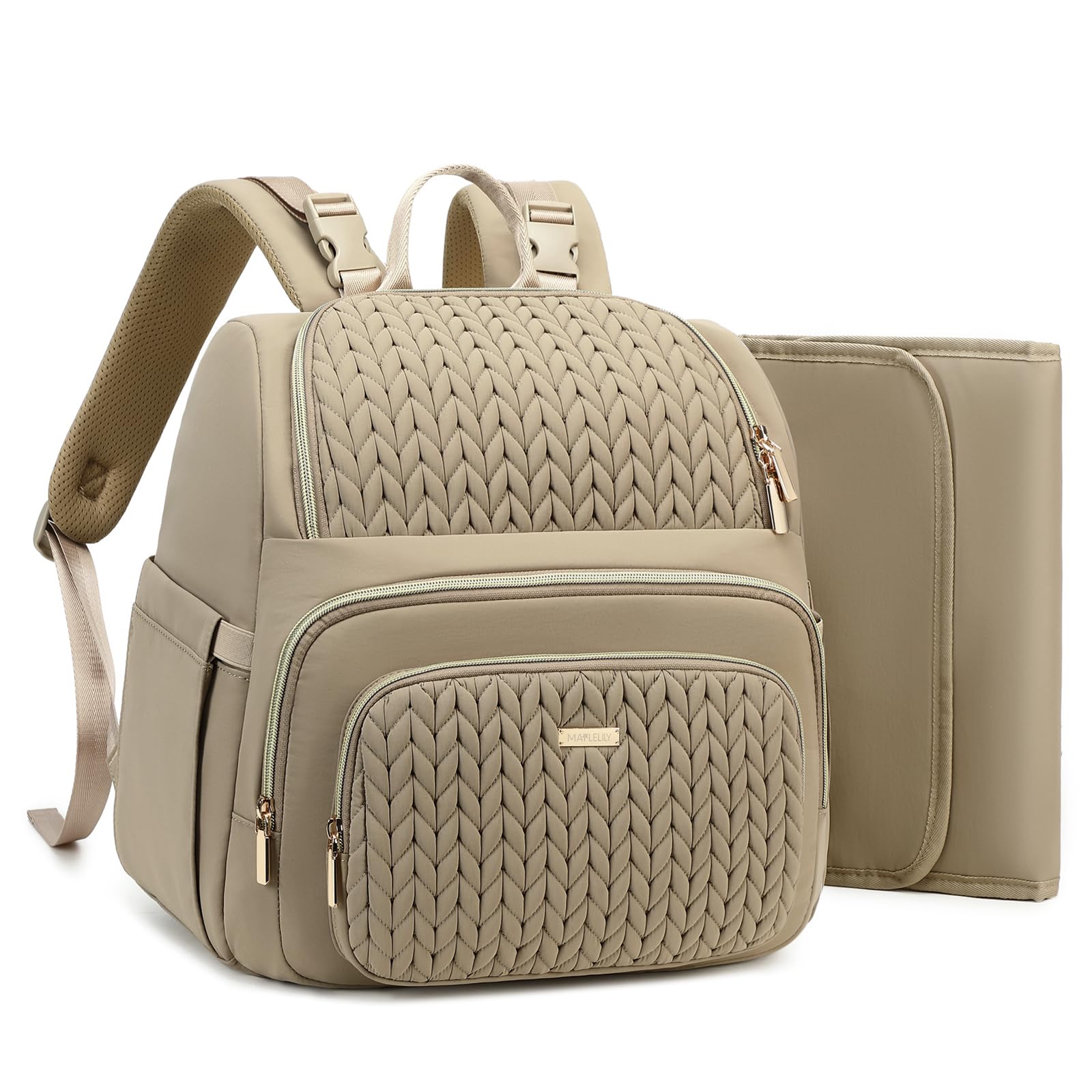 MAPLELILY Diaper Bag Backpack front view shows stylish quilted exterior for on-the-go moms