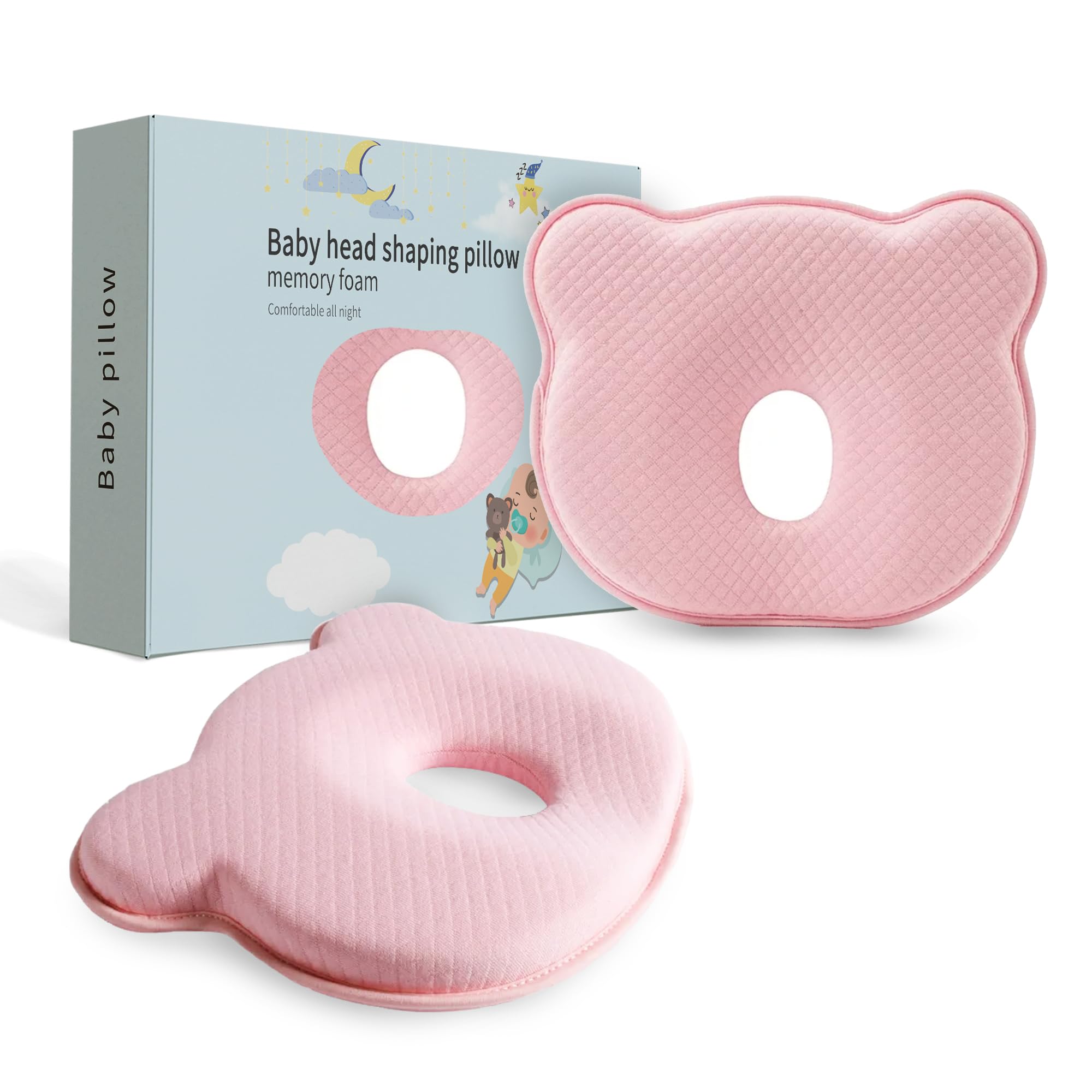 MarBoost memory foam baby pillow with pink bear offers ergonomic head support.