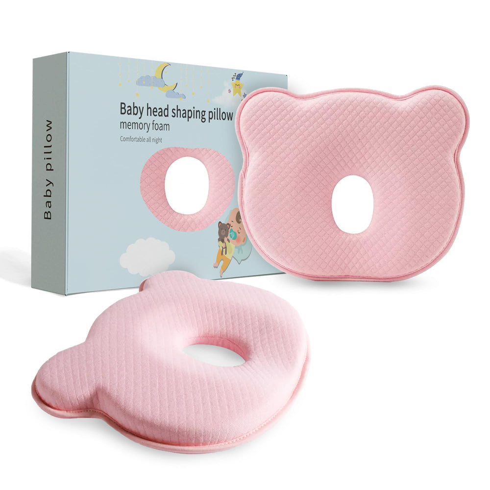 MarBoost memory foam baby pillow with pink bear offers ergonomic head support.