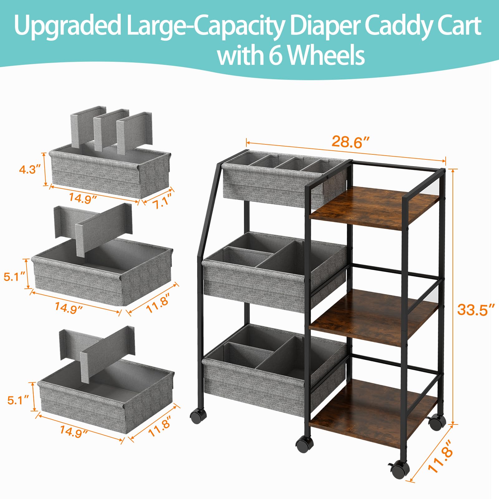 Marbyraz diaper caddy 360-degree wheels enable effortless movement