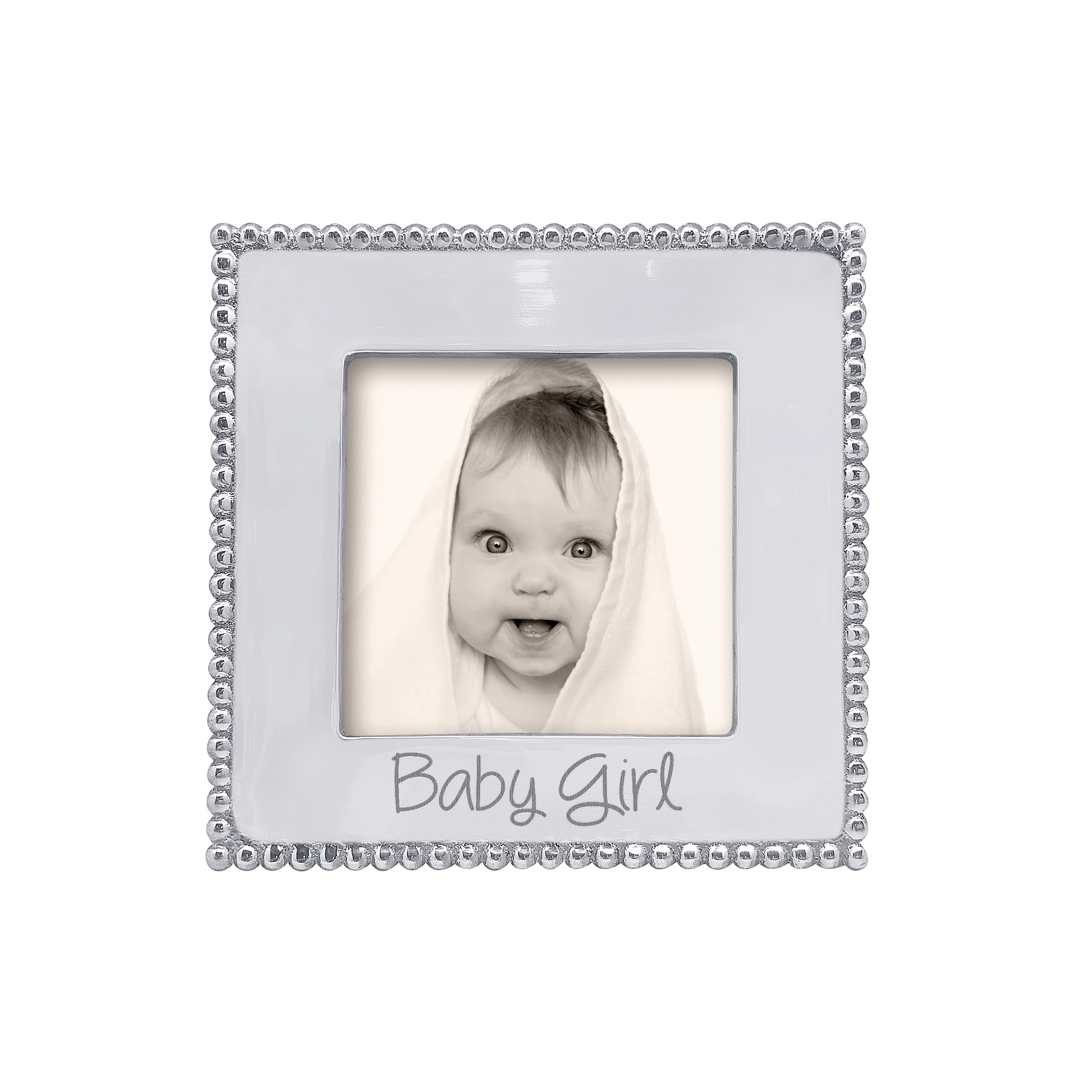 Mariposa Baby Girl Beaded 4x4 Frame in silver with delicate beading for keepsake display.